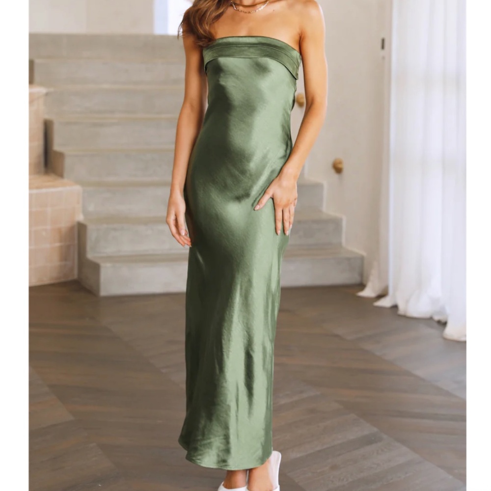 Hello Molly Strapless Satin Dress in Olive Green